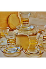 Pasabahce Eleven Dekor Gilded Thin - Waisted Turkish Tea Set - 12 - Piece Set - TryAladdin