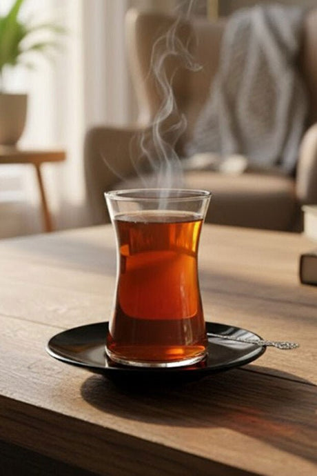 Pasabahce Heybeli Turkish Tea Set - Black Saucer, 8 Piece - TryAladdin