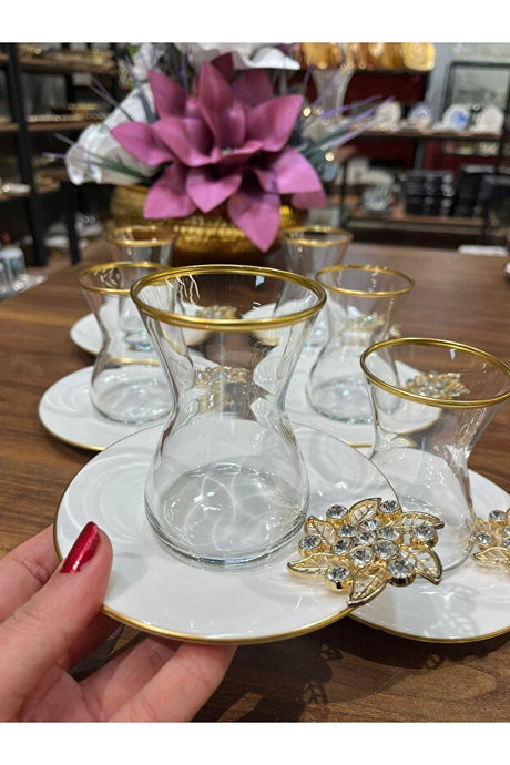 Pasabahce Pandora Collection Premium Turkish Tea Glass Set with Porcelain Saucers - 6 - Piece Set - TryAladdin