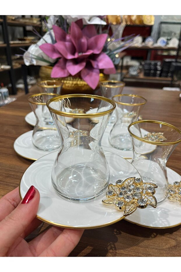 Pasabahce Pandora Collection Premium Turkish Tea Glass Set with Porcelain Saucers - 6 - Piece Set - TryAladdin