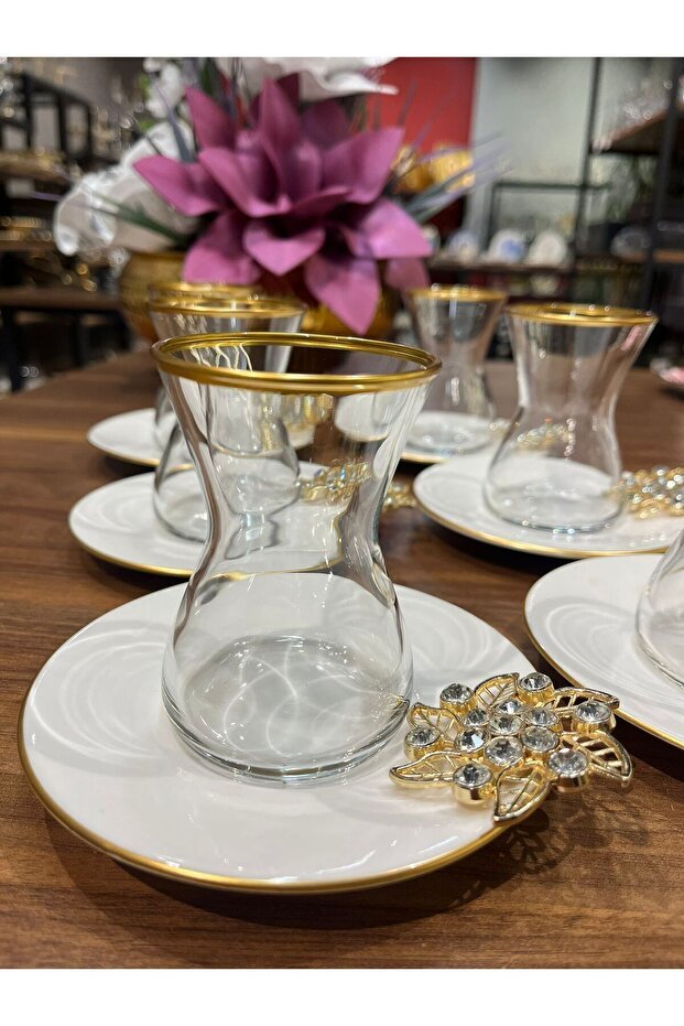 Pasabahce Pandora Collection Premium Turkish Tea Glass Set with Porcelain Saucers - 6 - Piece Set - TryAladdin