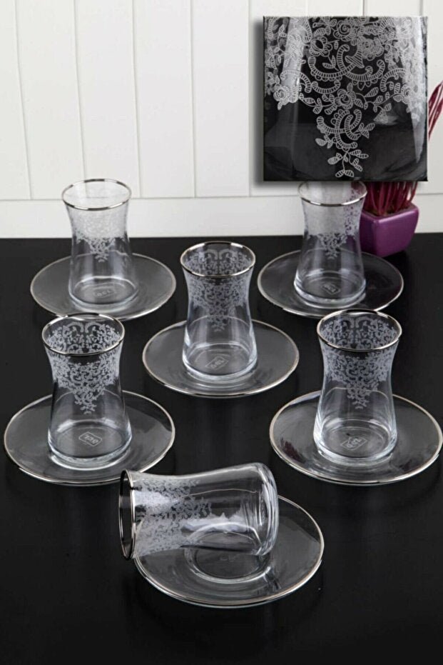 Pasabahce Professional Luxury Silver Gilded Lace Pattern Tea Glass Set - 12 Piece - TryAladdin