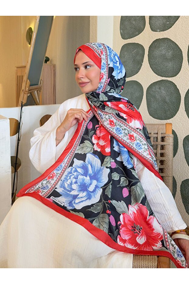 Patterned Cotton Shawl - Red & Blue Floral - TryAladdin