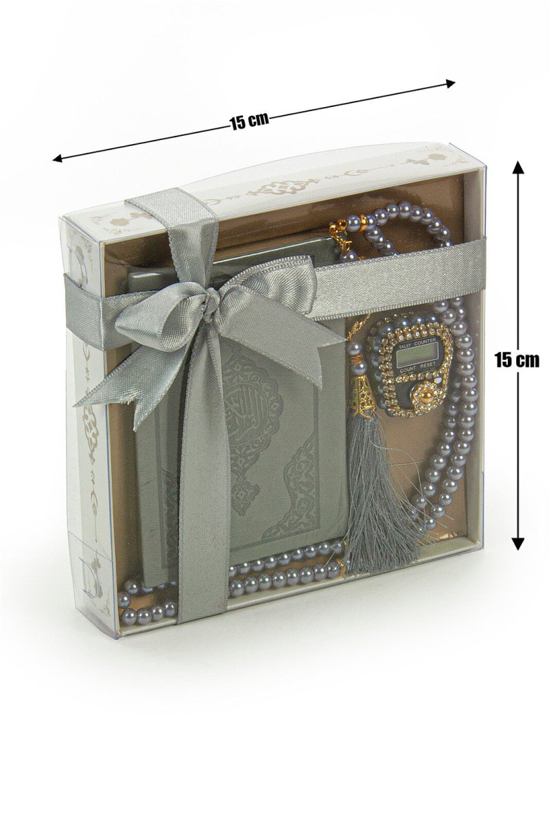 Pearl Tasbih and Grey Quran in Medina Fonts Gift Set Religious