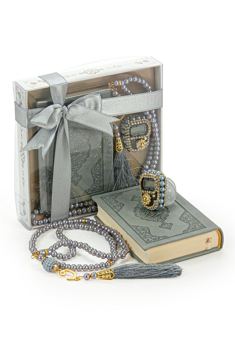 Pearl Tasbih and Grey Quran in Medina Fonts Gift Set Religious