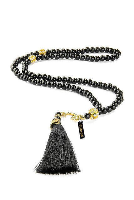 Pearl Tasbih with Waw and Ottoman Tugra, 99 Beads Black TryAladdin