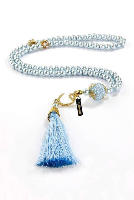 Pearl Tasbih with Waw and Ottoman Tugra, 99 Beads - Blue - TryAladdin