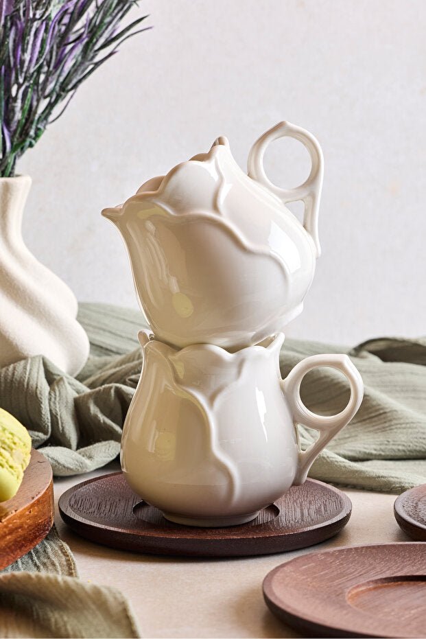 Perotti Modern Rose Leaf Porcelain Coffee Cup Set with Acacia Saucers - 6 Piece - TryAladdin