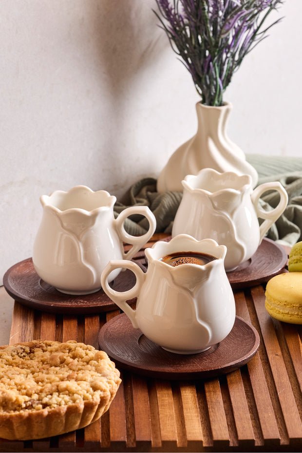 Perotti Modern Rose Leaf Porcelain Coffee Cup Set with Acacia Saucers - 6 Piece - TryAladdin