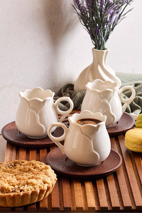 Perotti Modern Rose Leaf Porcelain Coffee Cup Set with Acacia Saucers - 6 Piece - TryAladdin