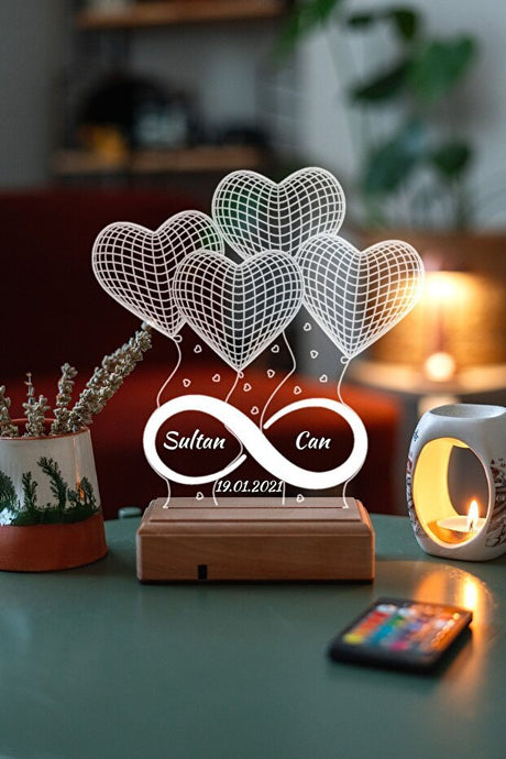 Personalized 3D LED Lamp - 4 Hearts, Infinity Design, 16 Colors, Remote - TryAladdin