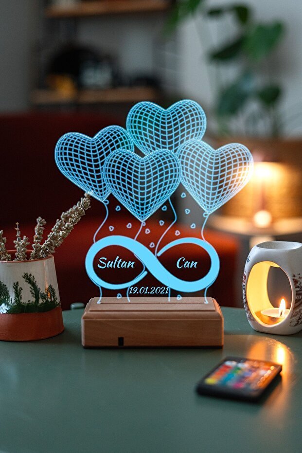 Personalized 3D LED Lamp - 4 Hearts, Infinity Design, 16 Colors, Remote - TryAladdin