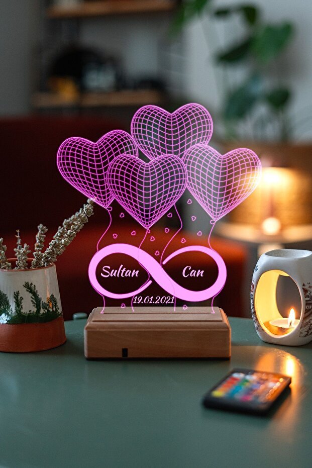 Personalized 3D LED Lamp - 4 Hearts, Infinity Design, 16 Colors, Remote - TryAladdin
