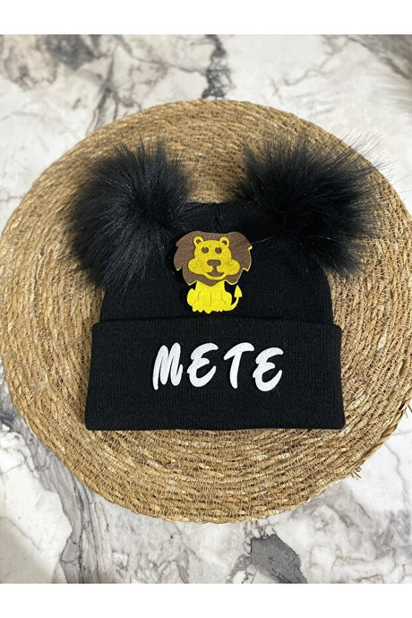 Personalized Black Beanie - Lion Applique & Pom - Poms - TryAladdin