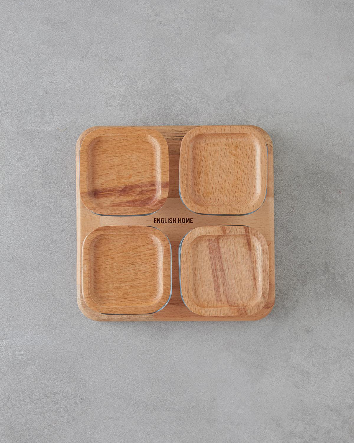 Professional Glass 4 Compartment Serving Dish Wooden Lid