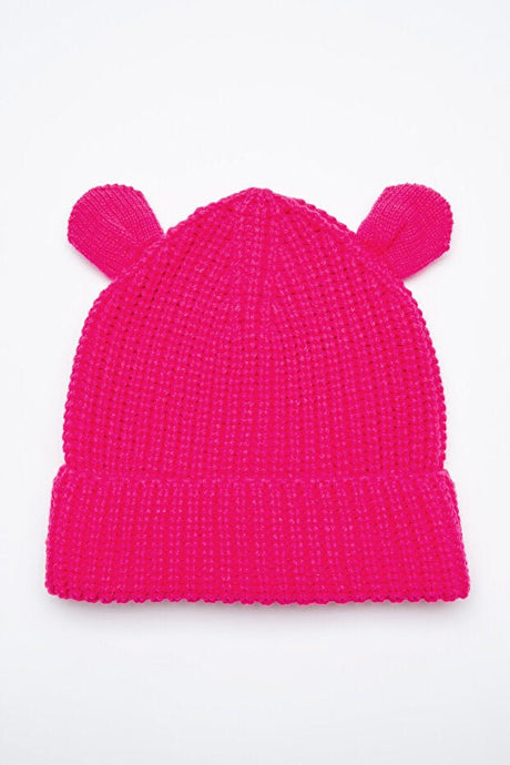 Pink Knitted Girl's Beanie - With Cute Bear Ears - TryAladdin