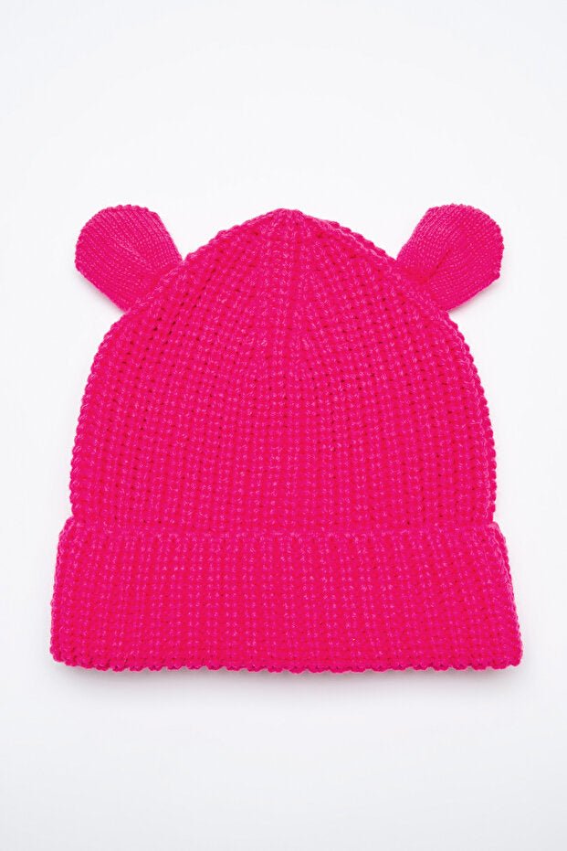 Pink Knitted Girl's Beanie - With Cute Bear Ears - TryAladdin