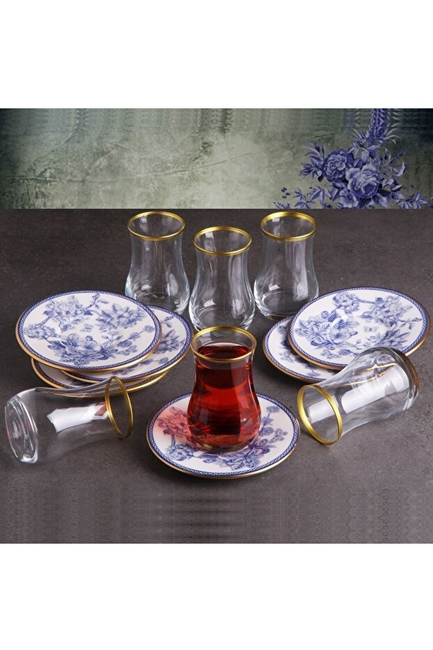 Pinkev Authentic Turkish Tea Glass & Ceramic Saucer Set - 12 - Piece - TryAladdin
