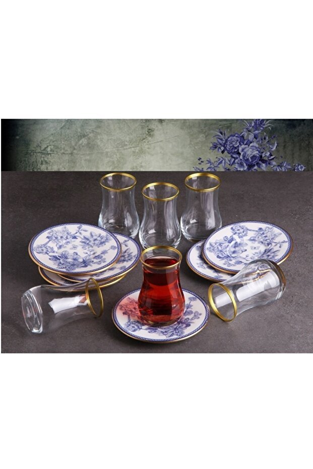 Pinkev Authentic Turkish Tea Glass & Ceramic Saucer Set - 12 - Piece - TryAladdin