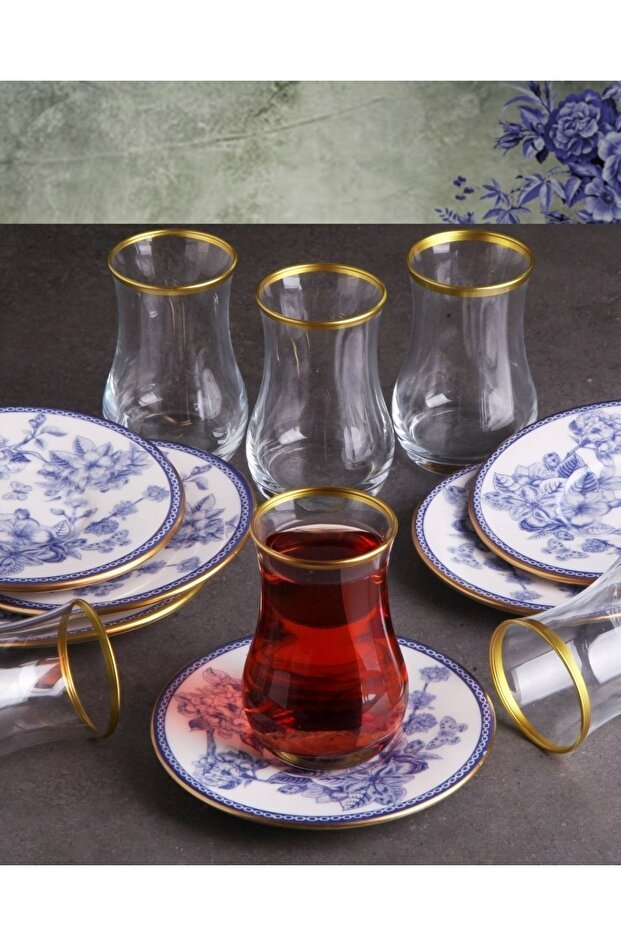 Pinkev Authentic Turkish Tea Glass & Ceramic Saucer Set - 12 - Piece - TryAladdin
