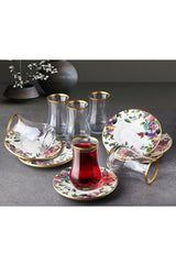 Pinkev Flora Premium Turkish Tea Glass Set with Ceramic Saucers - 6 Piece - TryAladdin