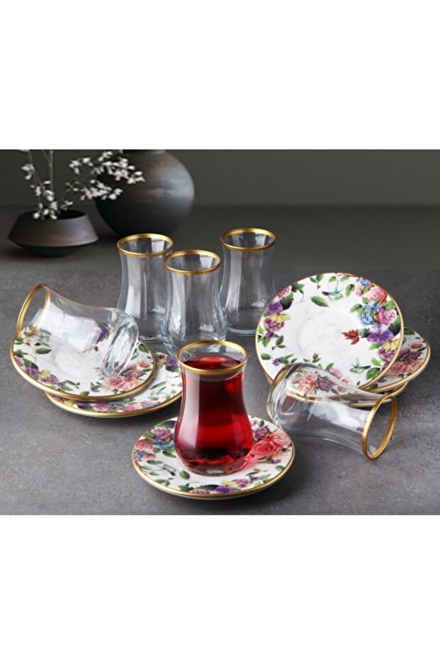 Pinkev Flora Premium Turkish Tea Glass Set with Ceramic Saucers - 6 Piece - TryAladdin