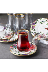 Pinkev Flora Premium Turkish Tea Glass Set with Ceramic Saucers - 6 Piece - TryAladdin