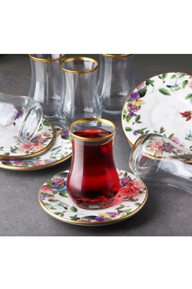 Pinkev Flora Premium Turkish Tea Glass Set with Ceramic Saucers - 6 Piece - TryAladdin