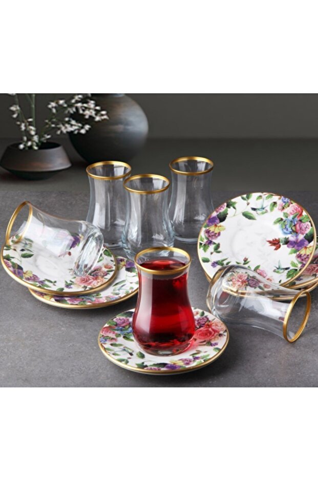 Pinkev Flora Premium Turkish Tea Glass Set with Ceramic Saucers - 6 Piece - TryAladdin