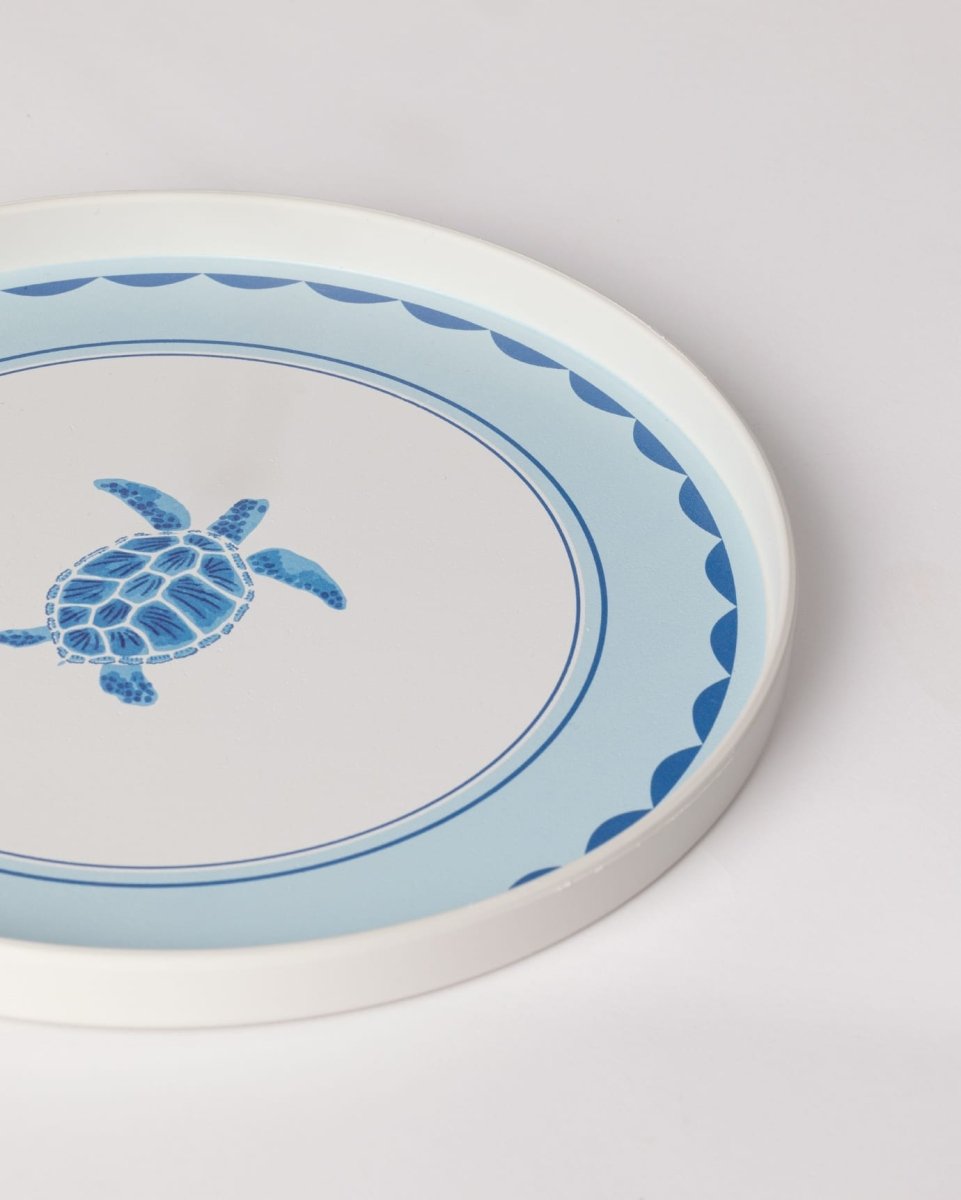 Plastic Round Serving Tray - Blue & White Tortue Motif - TryAladdin