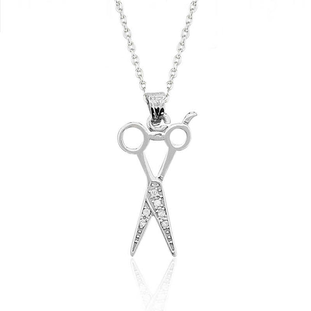 Sterling Silver Scissors Pendant Necklace - Sparkling CZ Accent
