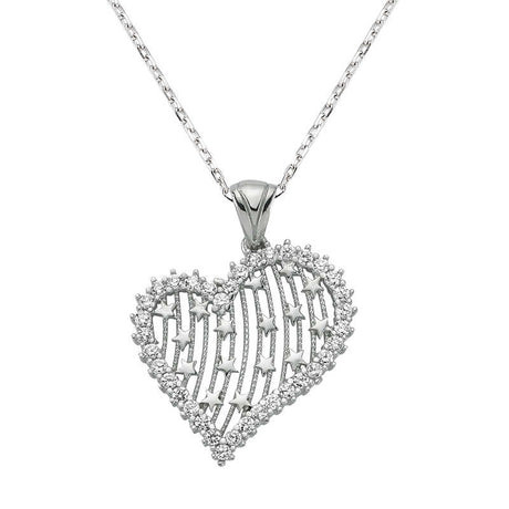 Sterling Silver Heart Necklace - Dazzling Star-Filled Pendant with Clear Stones