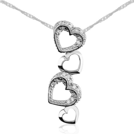 Sterling Silver - Dazzling Triple Heart Pendant Necklace