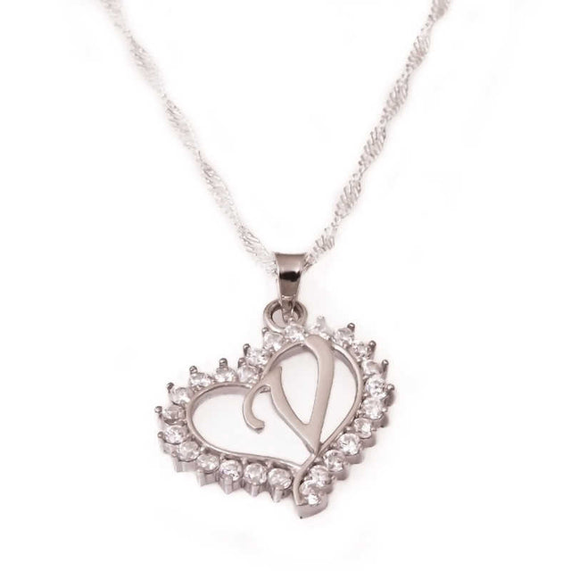 Initial Necklace - Silver-Tone Heart 'V' Pendant with Sparkling Stones