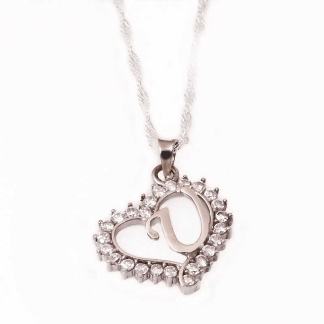 Necklace - Silver-Tone & Cubic Zirconia Heart Initial U Pendant