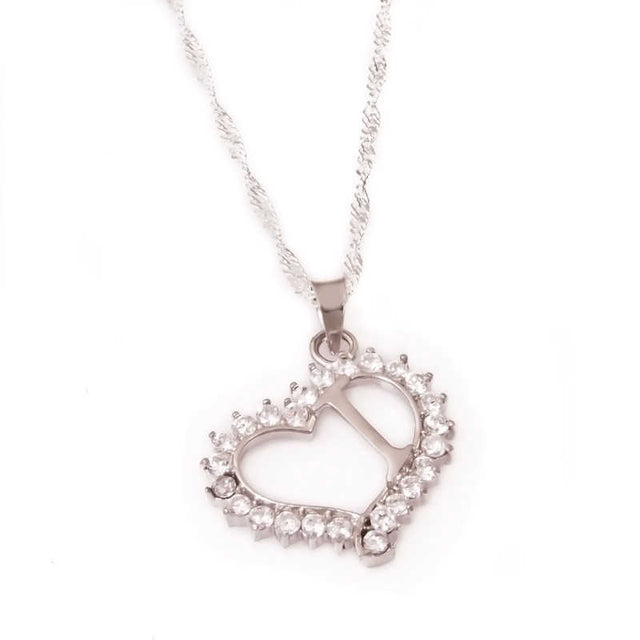 Sterling Silver Initial 'I' Heart Necklace - Dainty Sparkle Pendant