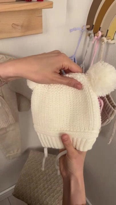 Pom - Pom Knitted Baby Hat with Tie - Straps - TryAladdin