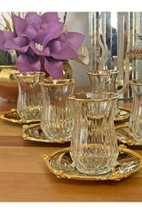 P&ora Premium Gold Detailed Glass Tea Set with Metal Saucers - 12 Piece - TryAladdin