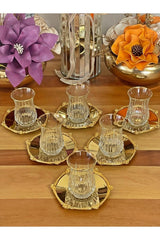 P&ora Premium Gold Detailed Glass Tea Set with Metal Saucers - 12 Piece - TryAladdin