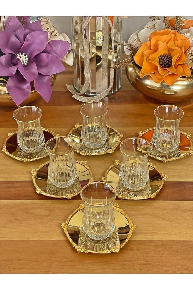 P&ora Premium Gold Detailed Glass Tea Set with Metal Saucers - 12 Piece - TryAladdin