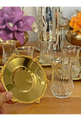 P&ora Premium Gold Detailed Glass Tea Set with Metal Saucers - 12 Piece - TryAladdin
