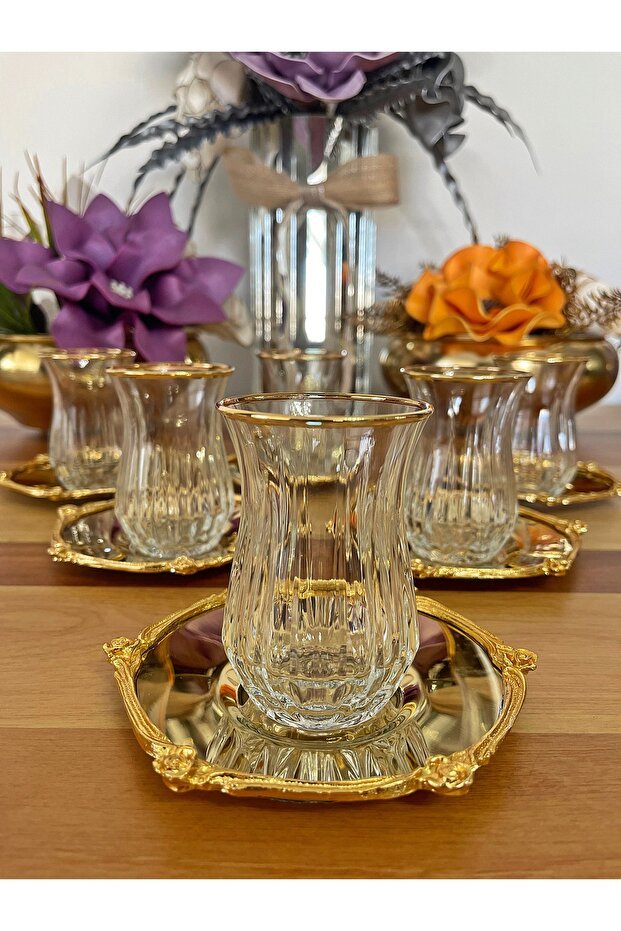P&ora Premium Gold Detailed Glass Tea Set with Metal Saucers - 12 Piece - TryAladdin