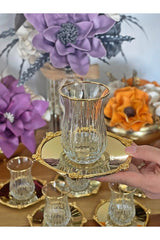 P&ora Premium Gold Detailed Glass Tea Set with Metal Saucers - 12 Piece - TryAladdin