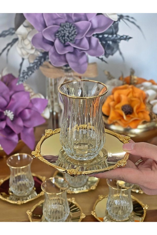 P&ora Premium Gold Detailed Glass Tea Set with Metal Saucers - 12 Piece - TryAladdin