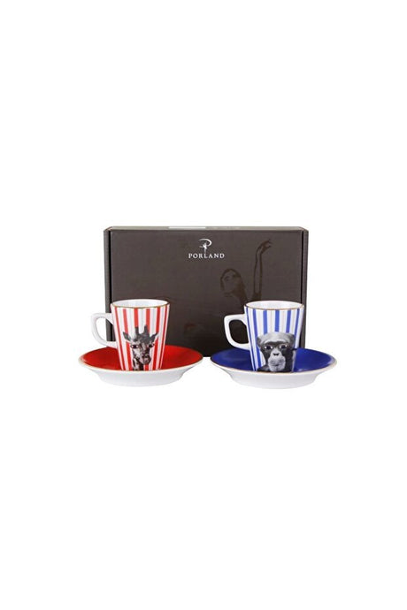 Porland Professional Wild Life Coffee Mug & Saucer Set - Monkey & Giraffe - 4 Pc - TryAladdin