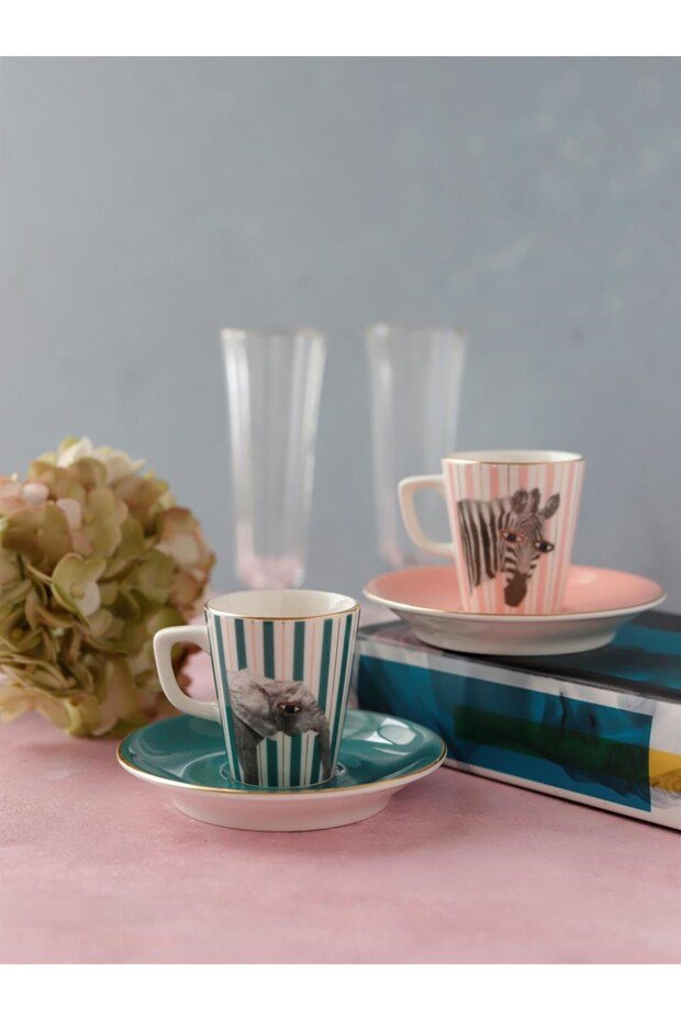 Porland Wild Life Zebra - Elephant Premium Porcelain Coffee Set - 4 Piece - TryAladdin