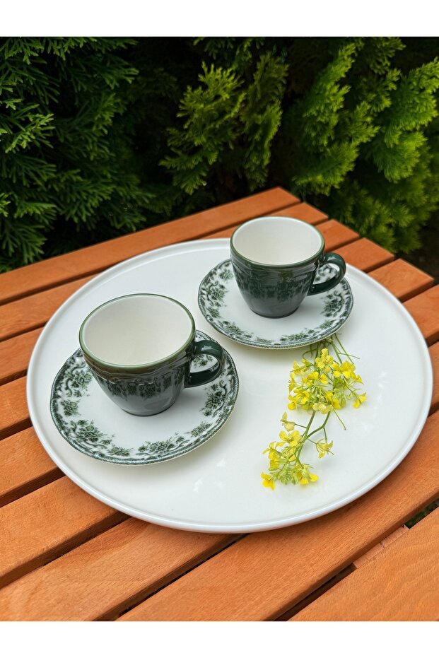 Porselenden Antique Green Floral Porcelain Turkish Coffee Cup Set - 2 Person, 4 Piece, 90cc - TryAladdin