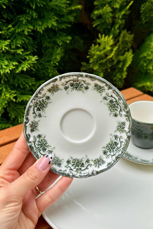 Porselenden Antique Green Floral Porcelain Turkish Coffee Cup Set - 2 Person, 4 Piece, 90cc - TryAladdin