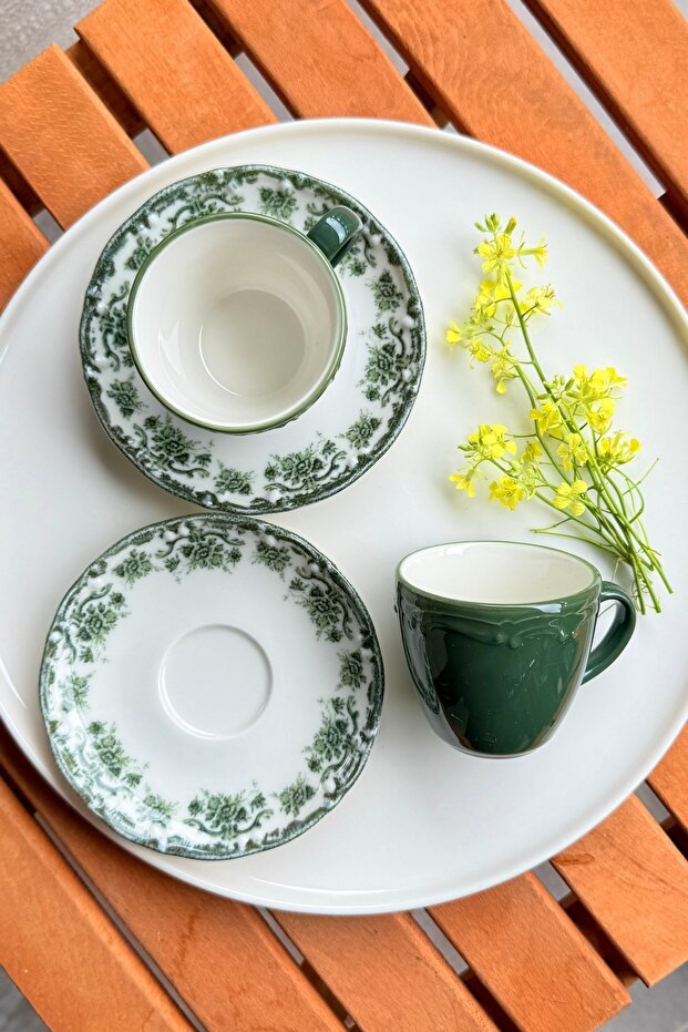 Porselenden Antique Green Floral Porcelain Turkish Coffee Cup Set - 2 Person, 4 Piece, 90cc - TryAladdin