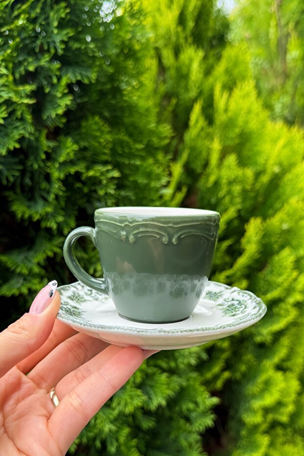 Porselenden Antique Green Floral Porcelain Turkish Coffee Cup Set - 2 Person, 4 Piece, 90cc - TryAladdin